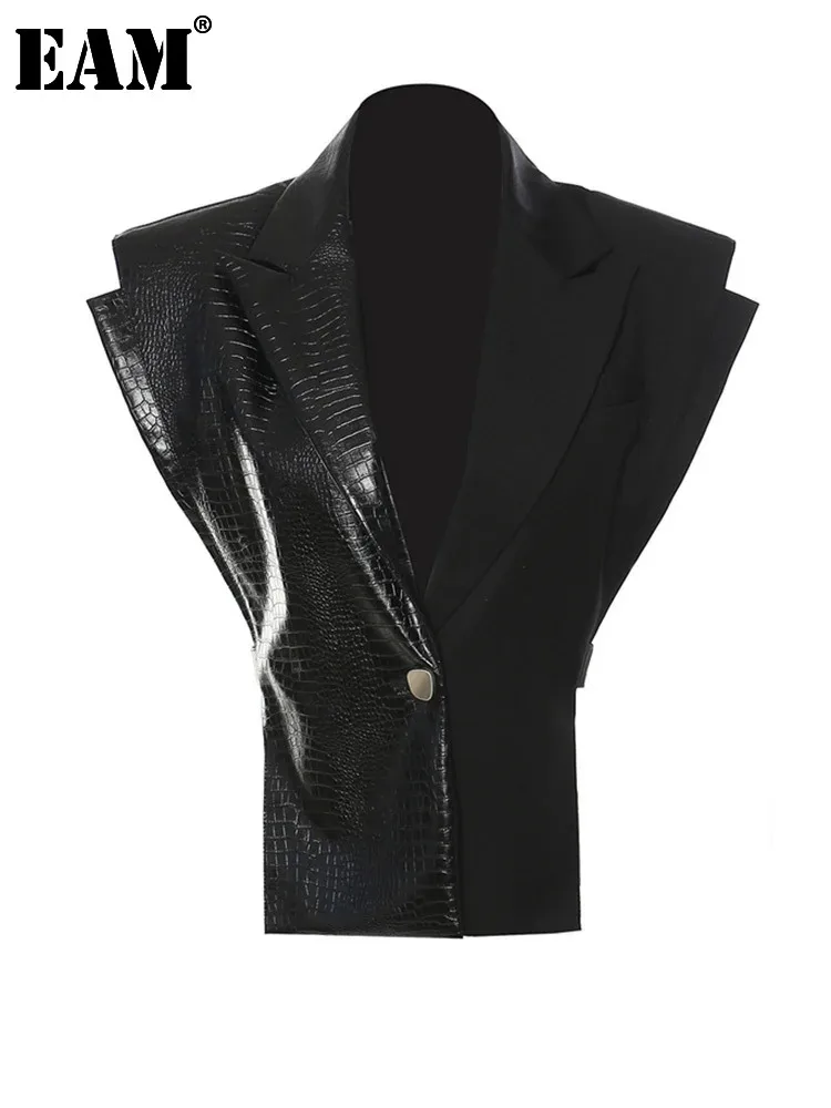 

[EAM] Women Loose Fit Black Pu Leather Shaped Big Size Vest New Lapel Sleeveless Fashion Tide Spring Autumn 2024 1DF0700