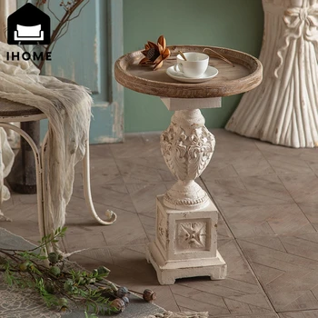 IHOME French Vintage Solid Wood Small Tea Table Mini Balcony Leisure Round Table Sofa Creative Living Room Carved Corner Table