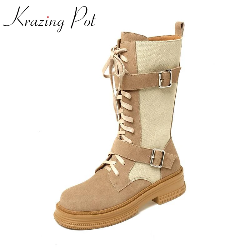 

Krazing Pot Cow Suede Leisure Round Toe Med Heels Punk Winter Motorcycles Boots Metal Buckle Lace Up Platform Ins Mid-calf Boots