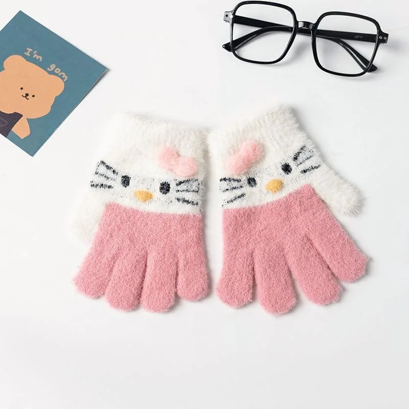 Knitted Gloves Children Gloves Sanrio Hello Kitty Gloves Kawaii Soft Warm Children's Knitted Gloves Cute Girl Rabbit Wool Knitted Thermal Full Finger