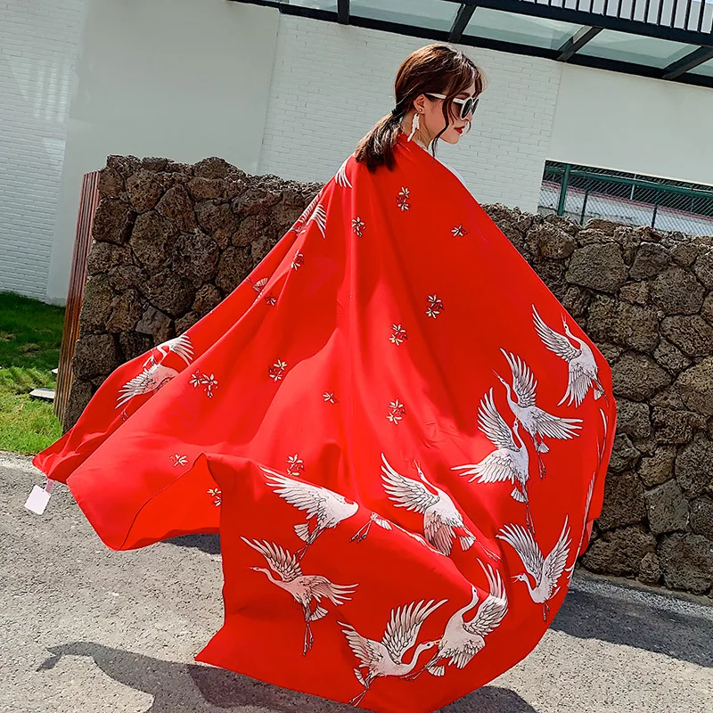 

Summer Lady Luxury Brand Travel Shawl All-match Women Scarves Crane Print Female Ethni Capes Prevent Bask In Scarf Bufanda Mujer