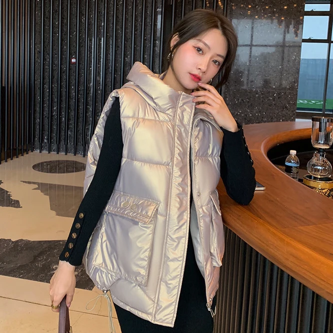 puffer coat with hood 2021 New Autumn Winter Women's Down Cotton Horse Bright Fabric With Hat Girl Fashion Vest Outdoor Coat Leisure Black down coats & jackets Coats & Jackets