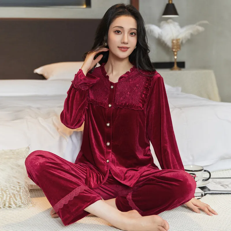 

Lace Velour 2PCS Pajamas Women PJS Sets Autumn Winter Nightwear Long Sleeve Shirt Pants Loungewear Sleepwear Home Clothes