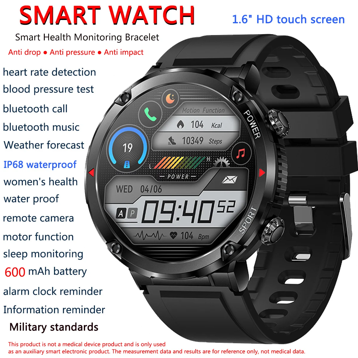 

Smartwatch 1.6 Inch IPS HD Screen 600mAh Battery Life Sports Modes Military Grade Toughness Bluetooth Call Smart Watch for Men