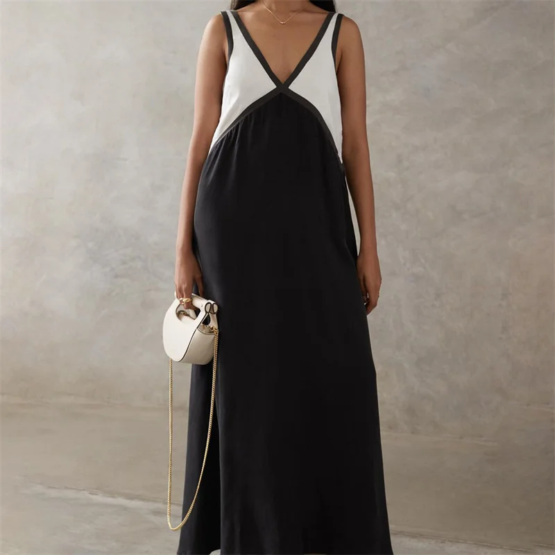 Vestido elegante de verano para mujer, con cuello en V, sin mangas, con patchwork de colores contrastantes, largo y sexy para fiesta de noche.