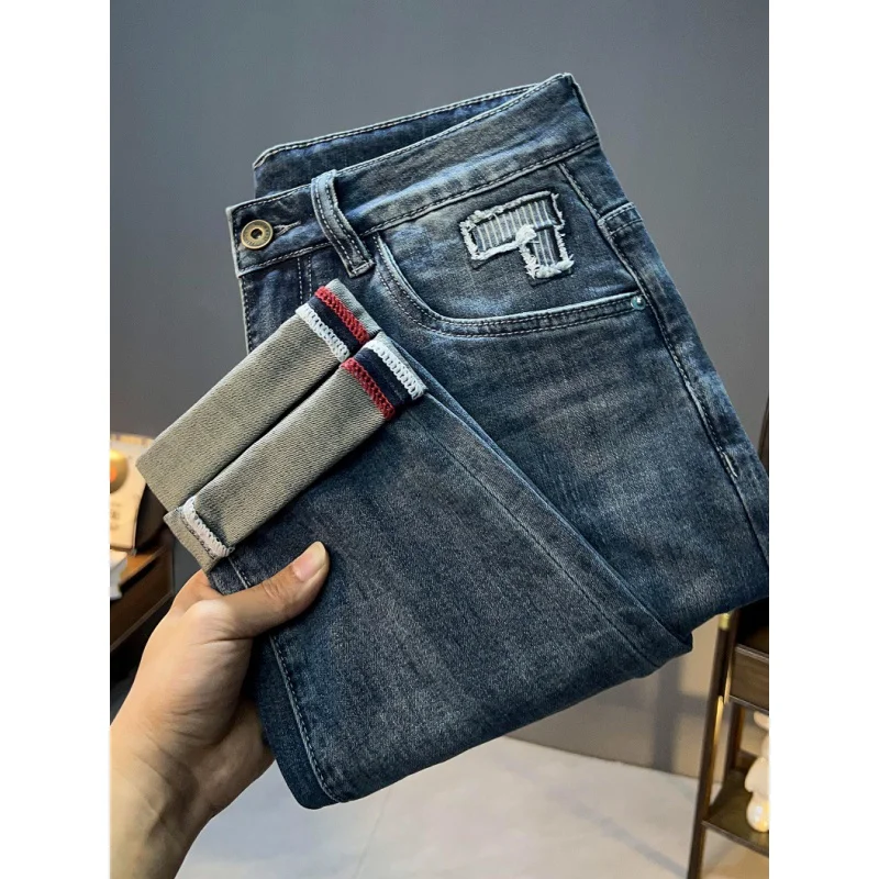 Hole & Patch Belt Style High-End Elastic Trend Blue Slim Fit Ankle-Length Soft Jeans Men's 2024 New