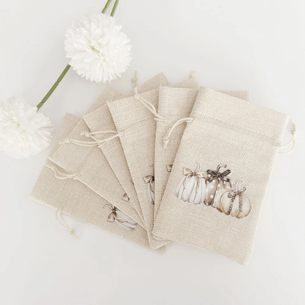 2025 Halloween Linen Drawstring Bag Candy Biscuit Storage Pouch Bun Mouth Holiday Party Ghost Face Cotton Printed Bag