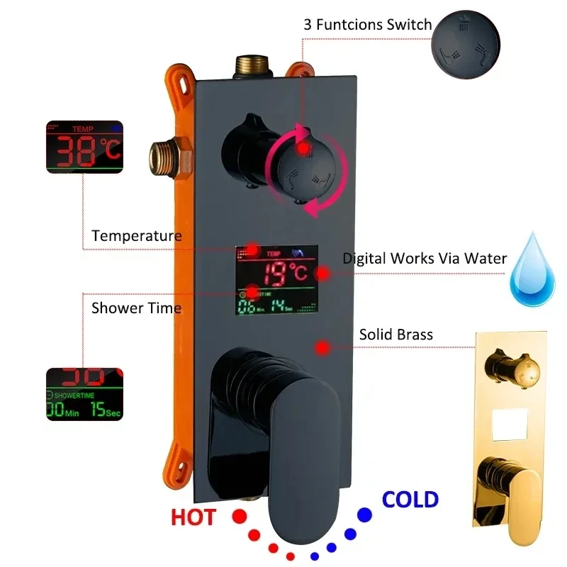 Black Concealed Shower Faucet LED Rainfall Shower Head Digital Display System Bathroom Tap Ceiling Install Taps shower head,bathroom faucet,bathroom shower faucet set