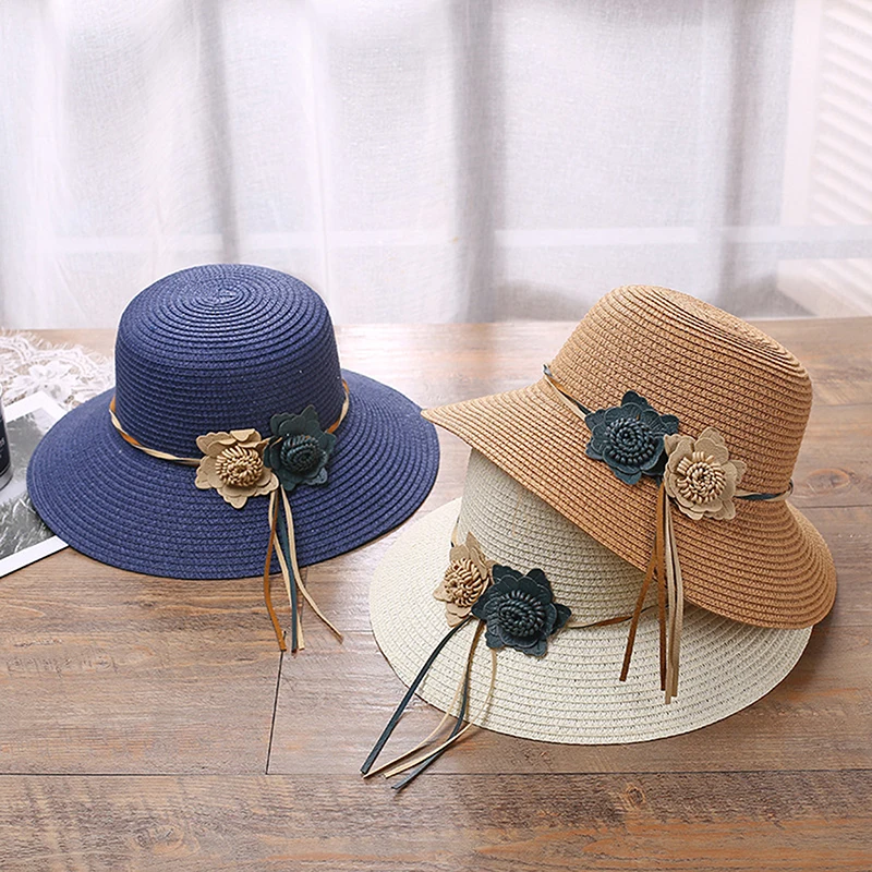 Spring Summer Beach Hat Large Brim Linen Flower Straw Hat Outdoor Women Sun Cap