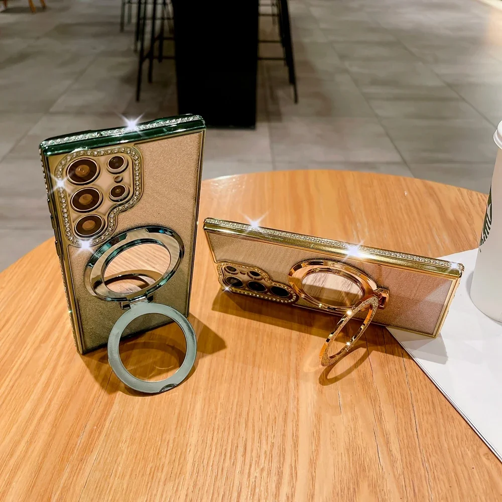 삼성 S24 S25 울트라 갤럭시 S23 S22 플러스 S24 FE A16 A55 다이아몬드 도금 커버에 대한 럭셔리 반짝이 거울  Magsafe 브래킷 케이스