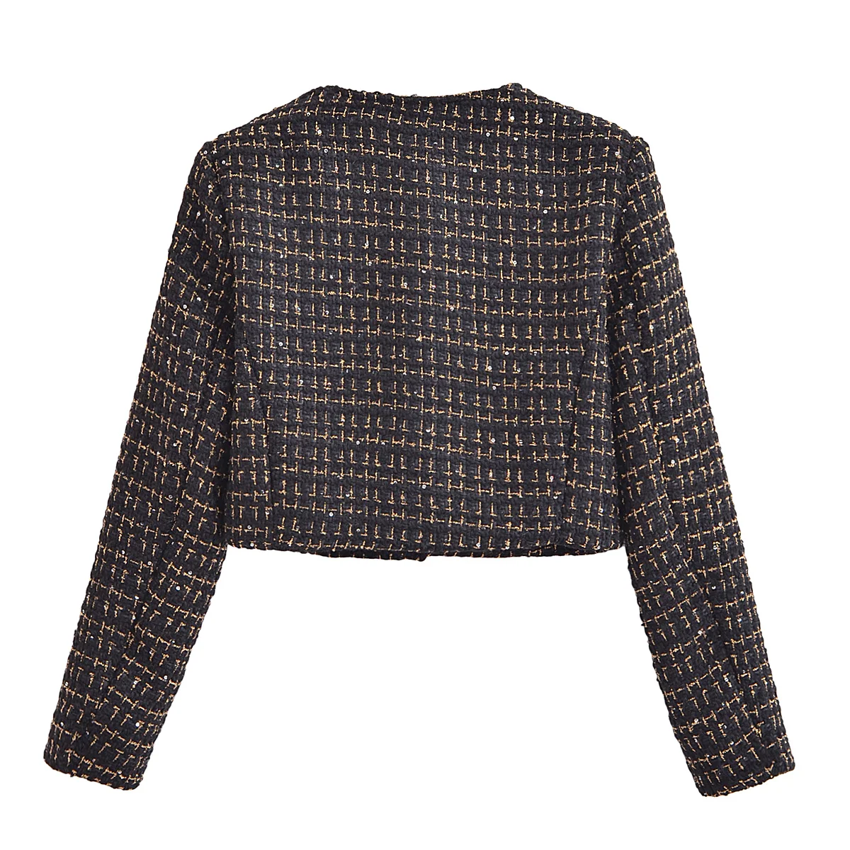 French Retro Women Black Weave Gold Line Tweed Blazer High Waist Center Buttons Back Zipper Mini Skirt Set Suits 2 pieces 1 set