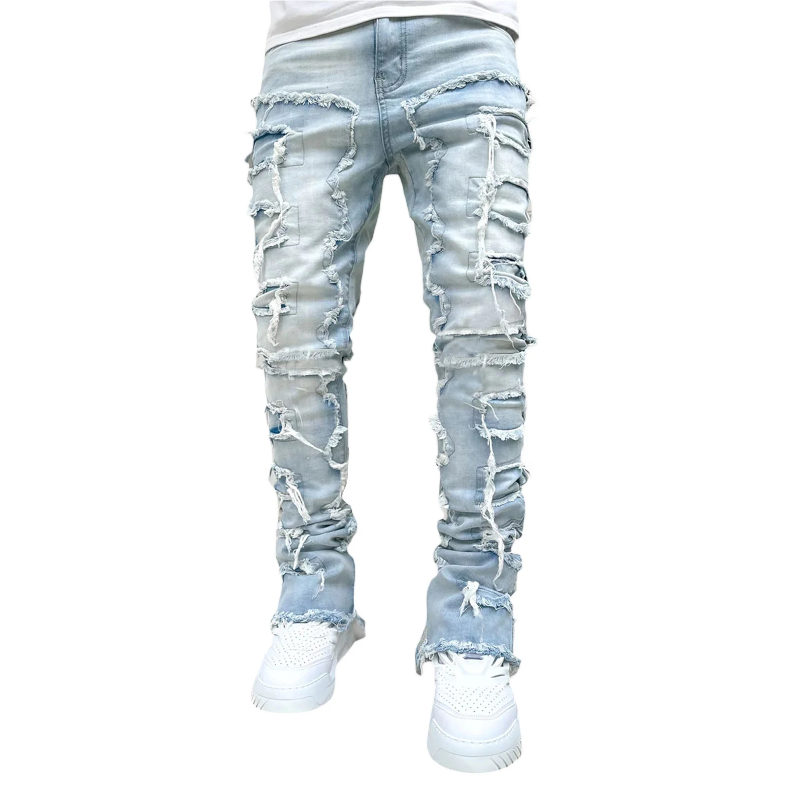 

hirigin Men's Regular Fit Stacked Jeans Patch Distressed Destroyed Straight Denim Pants Streetwear Clothes Casual Jean Pants