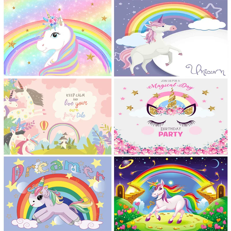 

Photorealistic Fabric Unicorn Photography Backdrop Rainbow Birthday Newborn Banner Flower Party Studio Background 210519-57