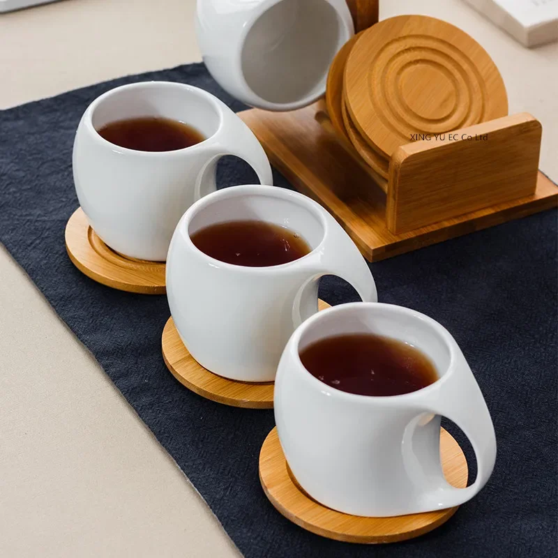 Simple Ceramic Tea Pot Set 190ml Tea Cup, Coffee Cup, Three-dimensional Bamboo and Wood Support, Striped Anti-skid Coaster