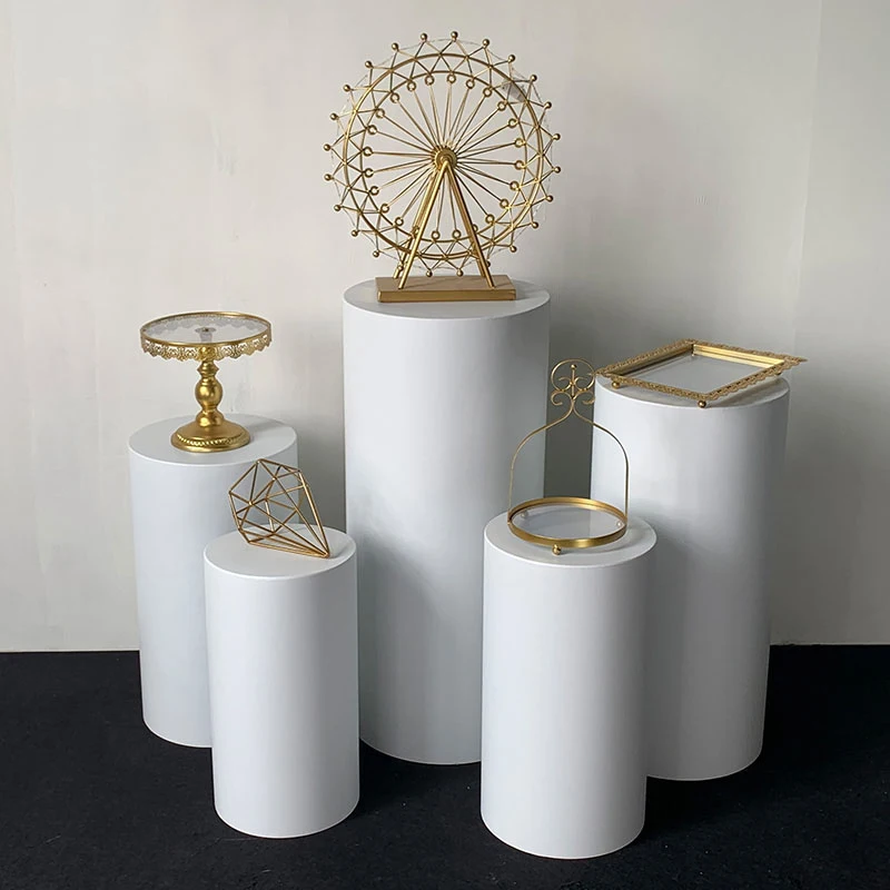 

Hot 3/5pcs Round Cylinder Pedestal Display White Gold Art Decor Cake Rack Plinths Pillars for DIY Wedding Decorations Holiday