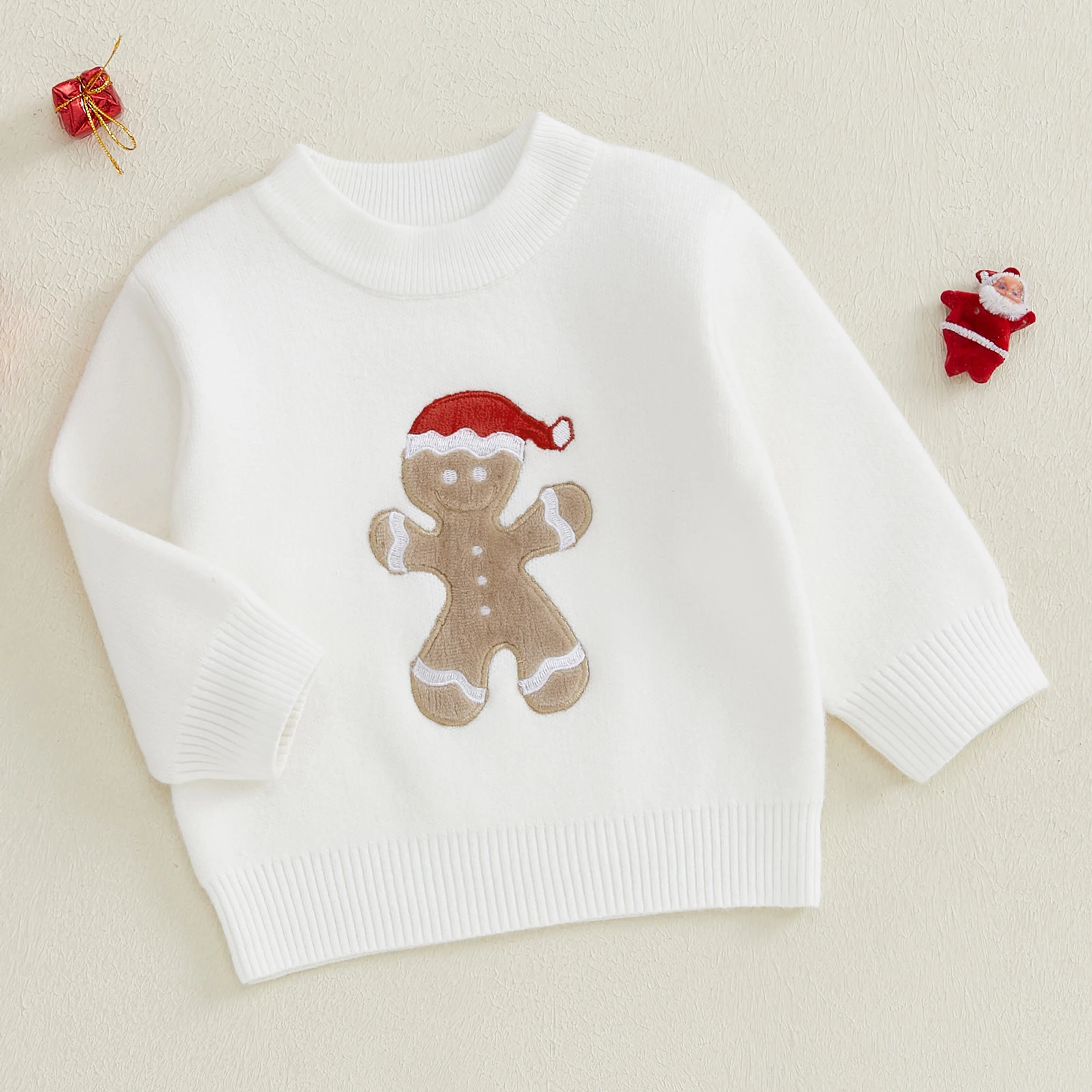BeQeuewll Soft Knitted Girls Boys Clothes Toddler Christmas Sweater Long Sleeve Gingerbread Man Embroidery Kid Pullover Knitwear