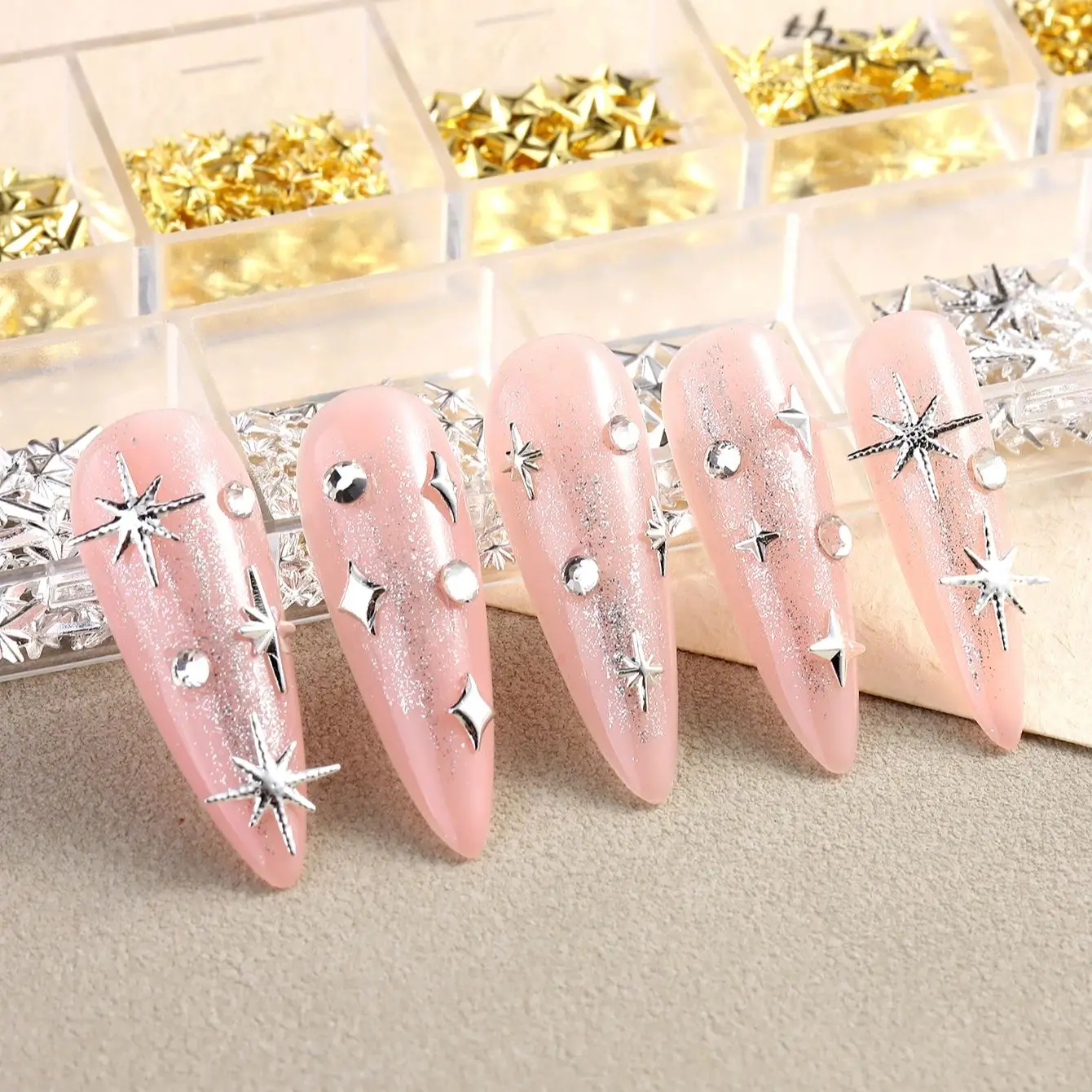 6/12Grids Gold Star Moon Metallic Rivet 3D Nail Charms Alloy Sun Moon Starlight Rhinestones Nail Studs For Nail Art Decoration 6