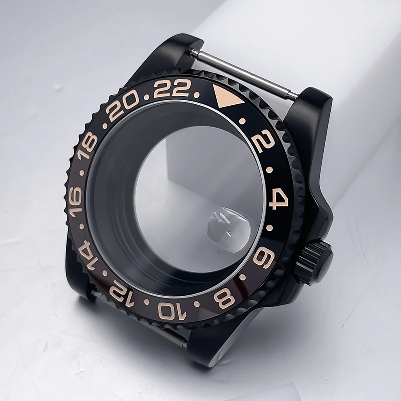 All-Black Sub Style Watch Case with Rubber Strap and Sapphire Crystal