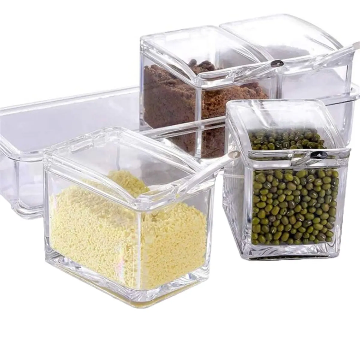 4 Grid Transparent Seasoning Box Spice Pot Sealed Spice Container Kitchen Condiment Jar Lid Spoon Salt Sugar Cruet spices bottle seasoning jar