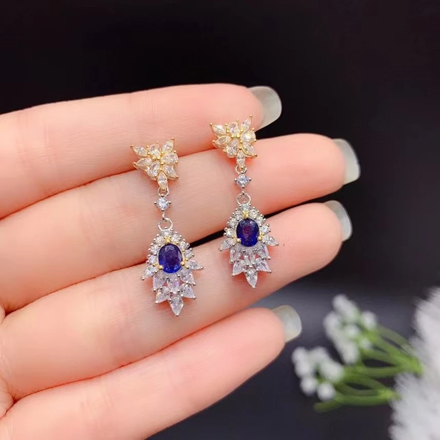 Elegant Silver Sapphire Drop Earrings 4mm*5mm Natural Dark Blue