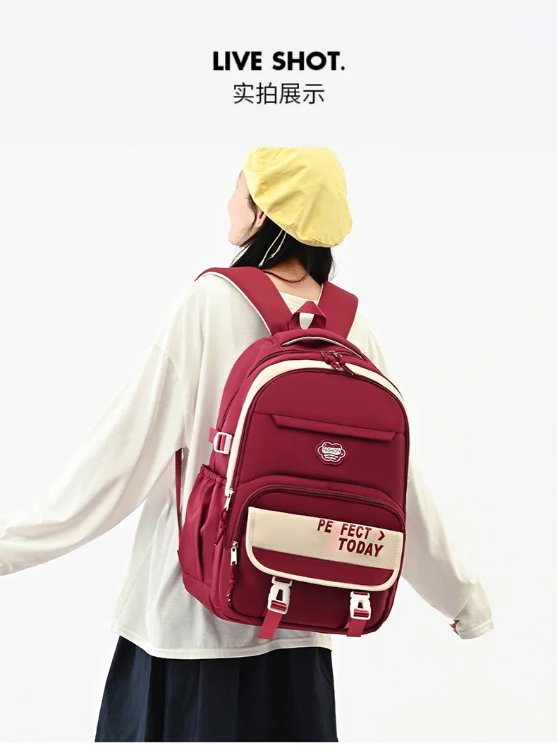 Hochwertiger, einfacher Reiserucksack mit großer Kapazität für Mädchen, leichter, lässiger Rucksack für die Mittelschule, doppelte Umhängetaschen – Detail 12
