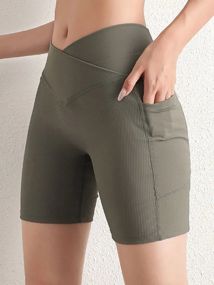 

Yoga Shorts Cross Waist Gym Leggings Women Sports Tights Pocket Fitness Pants High Waist Hip Lifting Run Workout Biker Shorts