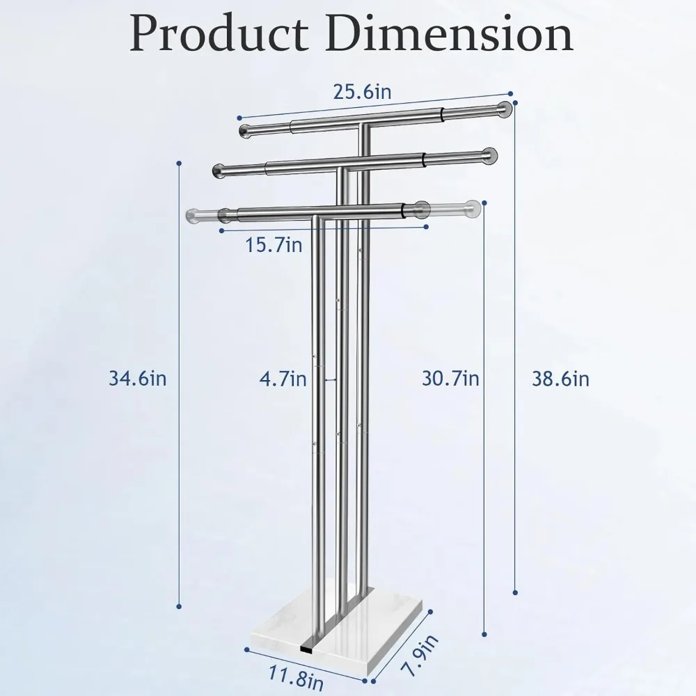 40 inch vertical towel rack, weighted marble base, adjustable width, 3 layers, stainless steel brushed finish