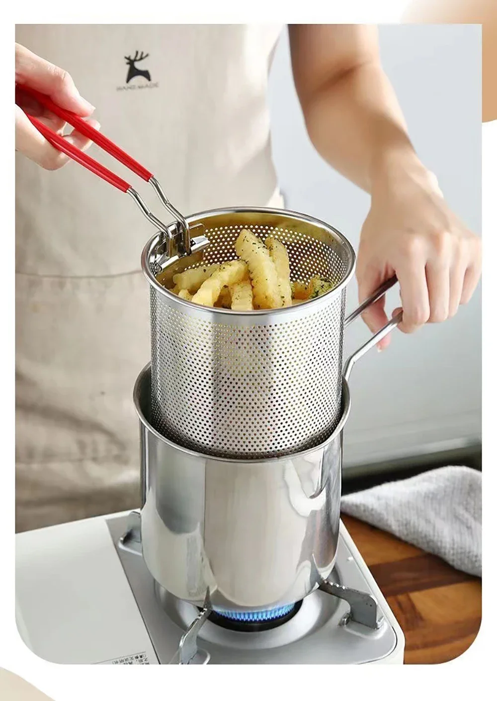 Description Picture 4 of itemDeep Fryer 304 Stainless Steel Fryer with Frying Basket Auxiliary Food Pot To Deepen Japanese Milk Pot Kitchen Appliance
