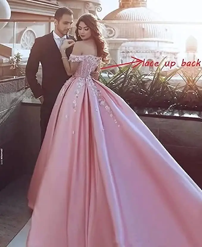 

Normicel Princess Pink Quinceanera Dresses Off Shoulder Flowers Appliques Ball Gowns Satin A-Line Evening Dresses with Pockets