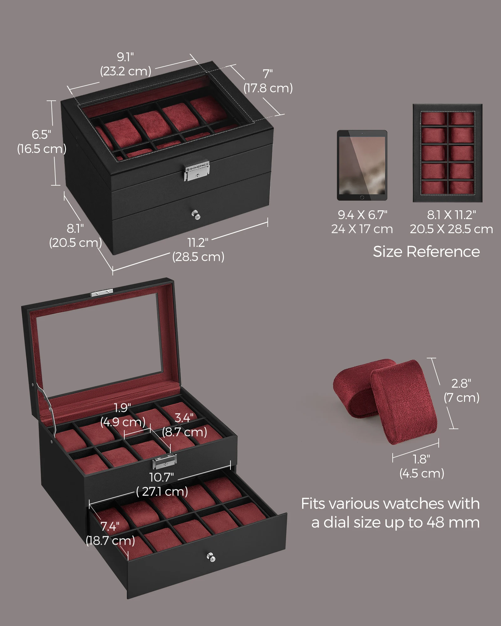 20-Slot Two-Layer Watch Box with Lockable Glass Lid, Velvet-Lined Watch Display Case, R... - SKU JDC00957 - UGI Packaging