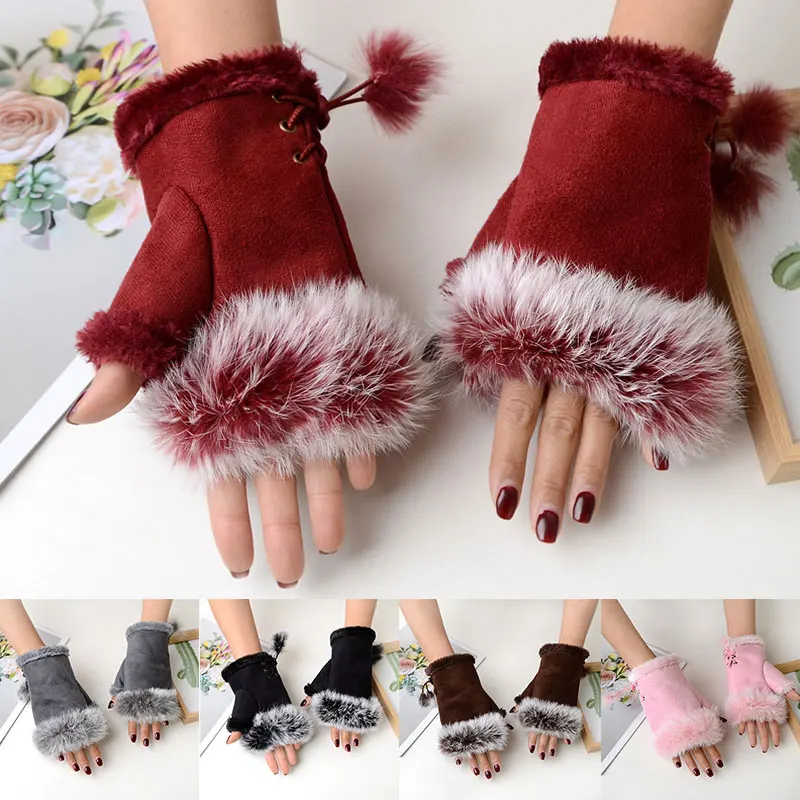 Winter Suede Faux Rabbit Fur Gloves Arm Sleeve Cover Warmer Fingerless Wrist Gloves Mitten Women'S Gloves Hand Wrist Warmer Hot