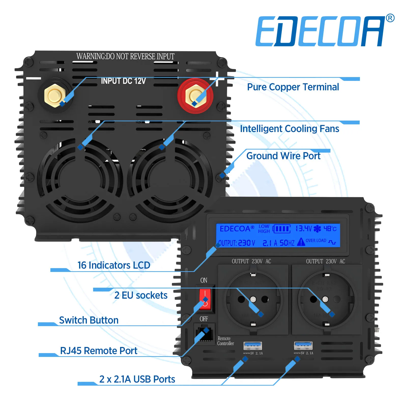 EDECOA-Onduleur à onde sinusoïdale pure, 3500W, 7000W, DC 24V, AC