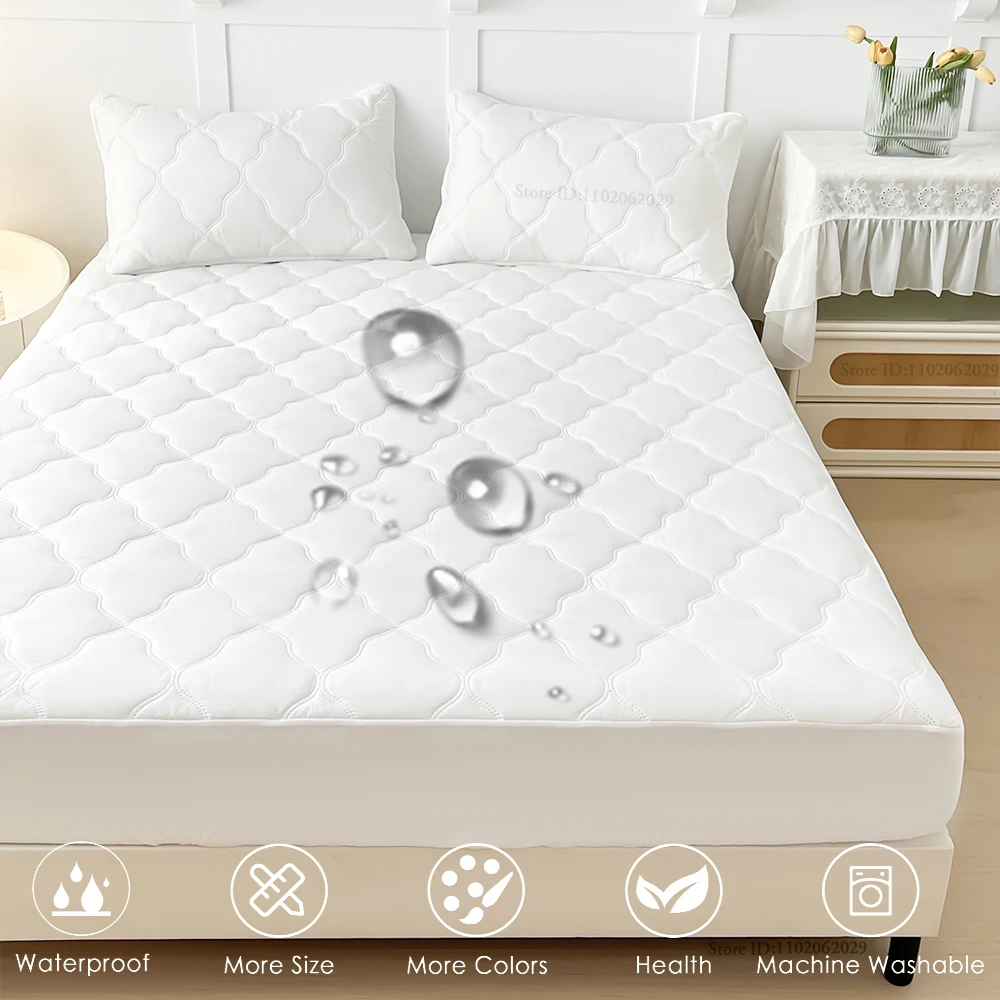 Waterproof Throw Mattress Cover Bed Fitted Sheet Mattress Bedspread Protector Pads Single/Double/King/Queen Full Size Gray/White 3