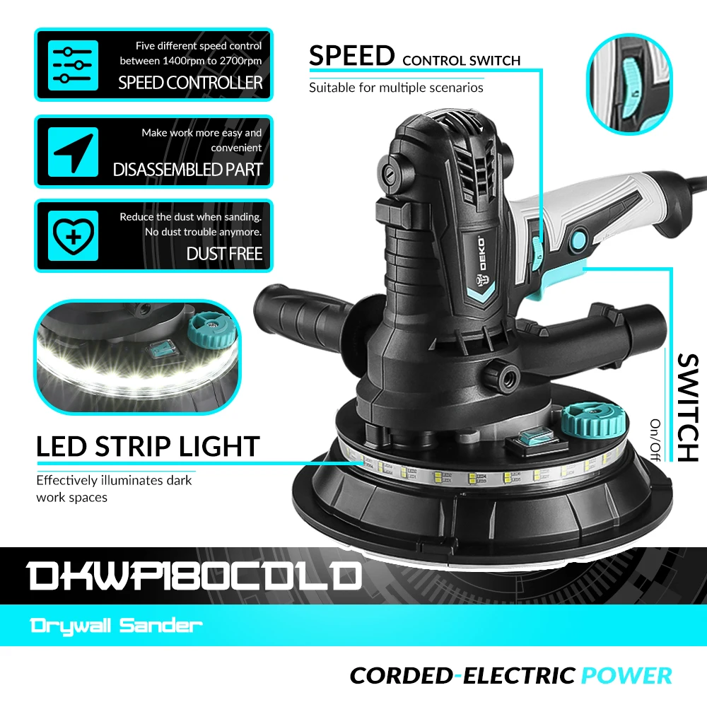 DEKO DKWP180CDLD/DKWP180CD 900W Drywall Sander Grinding Portable Polishing Machine with Sandpaper LED Light and Dust Clooect Bag 2
