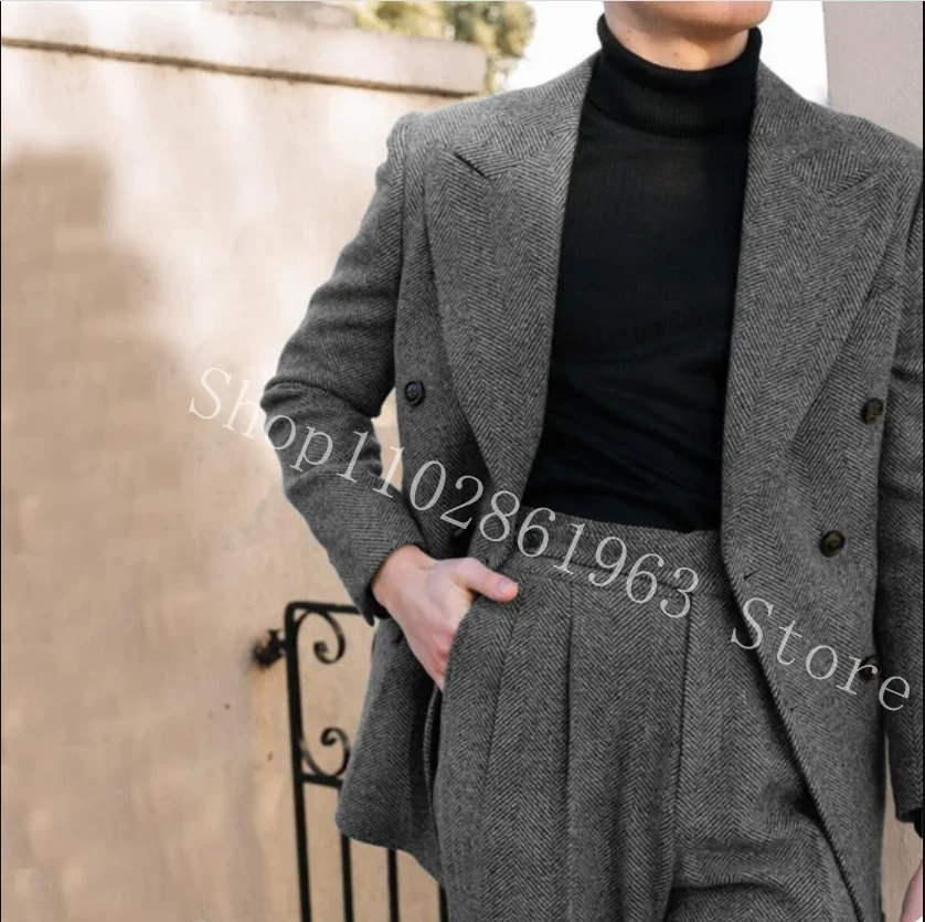 Gray Herringbone Tweed Men Suits 2 Pieces Fall Winter Suits Peak Lapel Double Breasted Best Men Groom Tuexdos Costume Homme