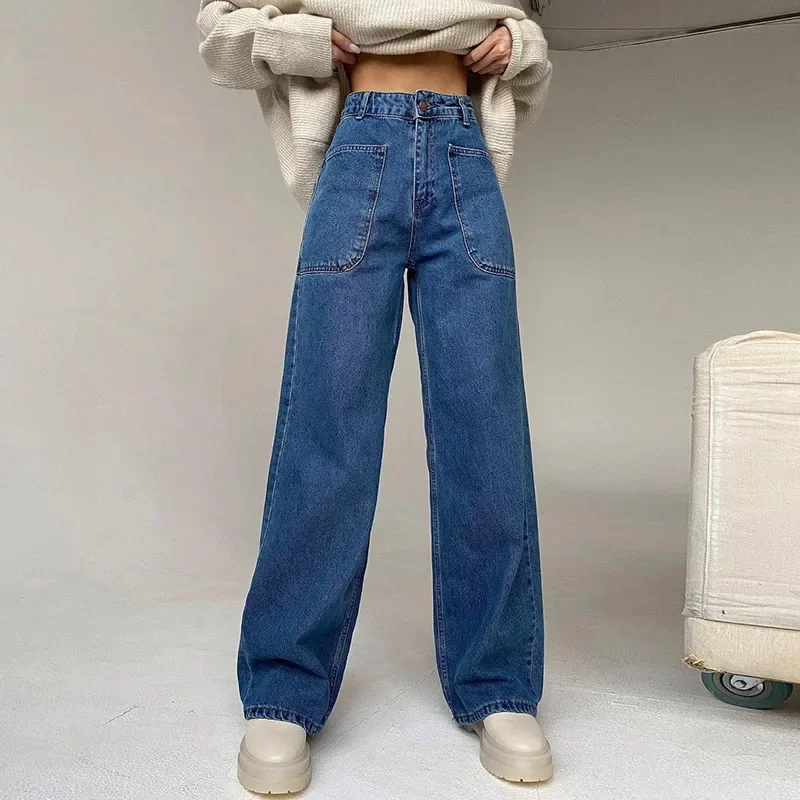 Women Pocket Design Harajuku Retro High Street Clothing 2021 Summer New Y2k High Waist Loose Bag Hip Waide Leg Denim Trousers women s new vintage bule denim short bag hip skirt 2022 summer fashion high waist pocket mini skirts