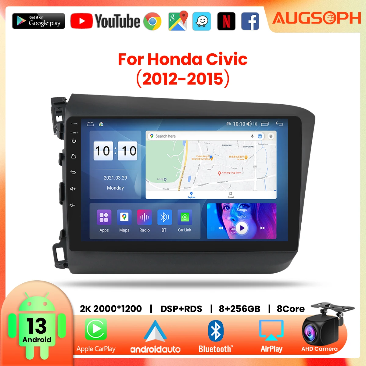 

Автомагнитола на Android 13 для Honda Civic 2012-2015, мультимедийный плеер 9 дюймов 2K с 4G Car Carplay и 2Din GPS-навигацией.