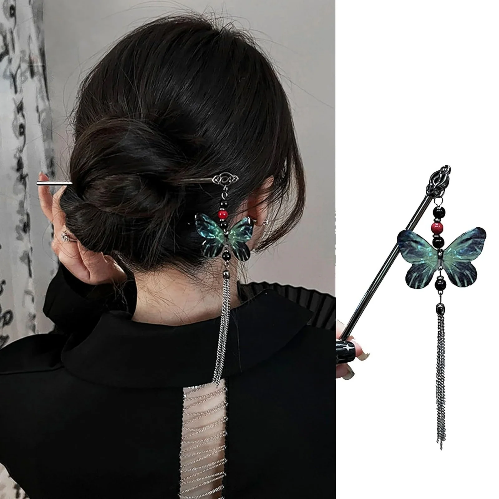 1PC Chinese - Style Hairpin Collection, 6 - Piece Set with Butterfly, Rose and Crescent Moon Designs, Elegant Tassel Decor