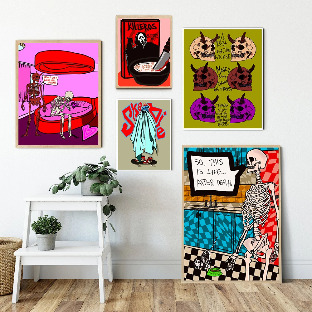 

Boho Halloween Poster And Print Skull Ghost Skeleton Quote Canvas Painting Wall Art Pictures For Kids Room Decoration Home Decor