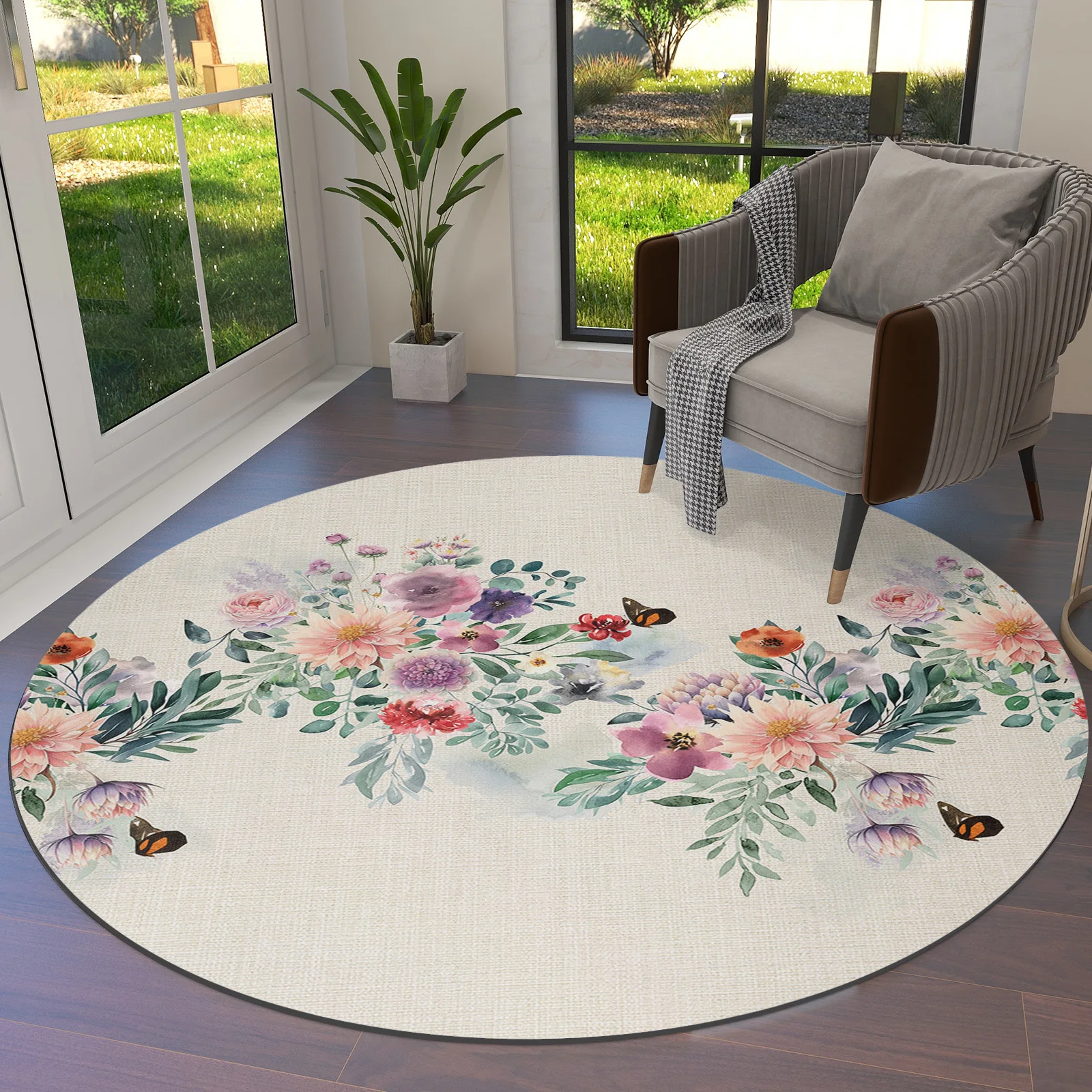 

Hand-Painted Leaves Plants Flowers Butterflies Round Area Rug Carpets For Living Room Large Mat Home Bedroom Kid Room Decoration