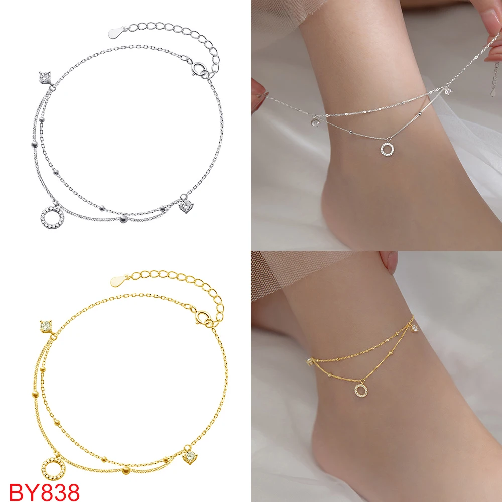 SOFTPIG Real 925 Sterling Silver Bead Zircon Star Round Chain Anklet For Fashion Women Party Fine Jewelry Classic Accessories