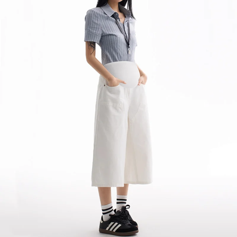 임산부를 위한 임산부 여름 루즈 슬리밍 스트레이트 레그 와이드 레그 청바지 하의 바지 화이트 18 데님 반바지