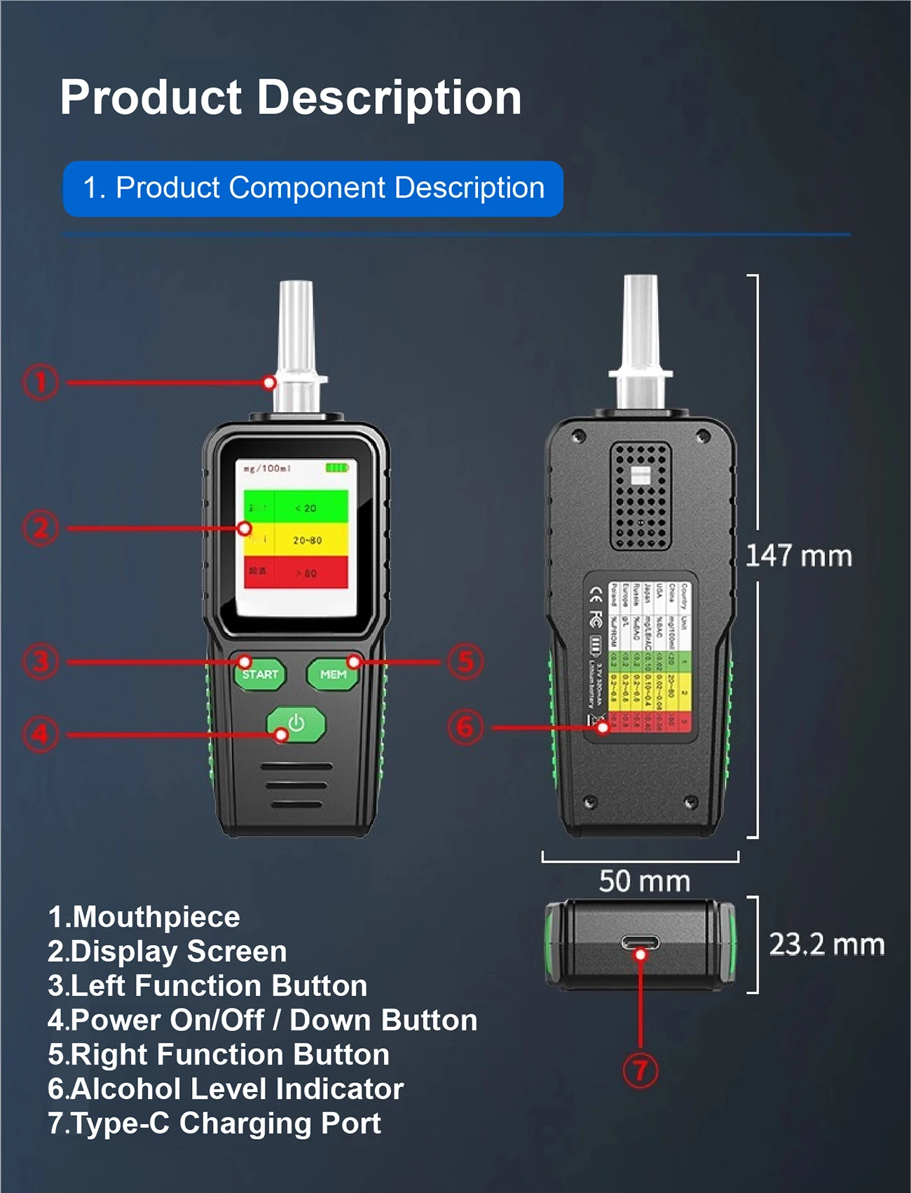 RD930 Portable Breathalyzer Alcohol Tester Police Grade BAC Detector LCD Voice A