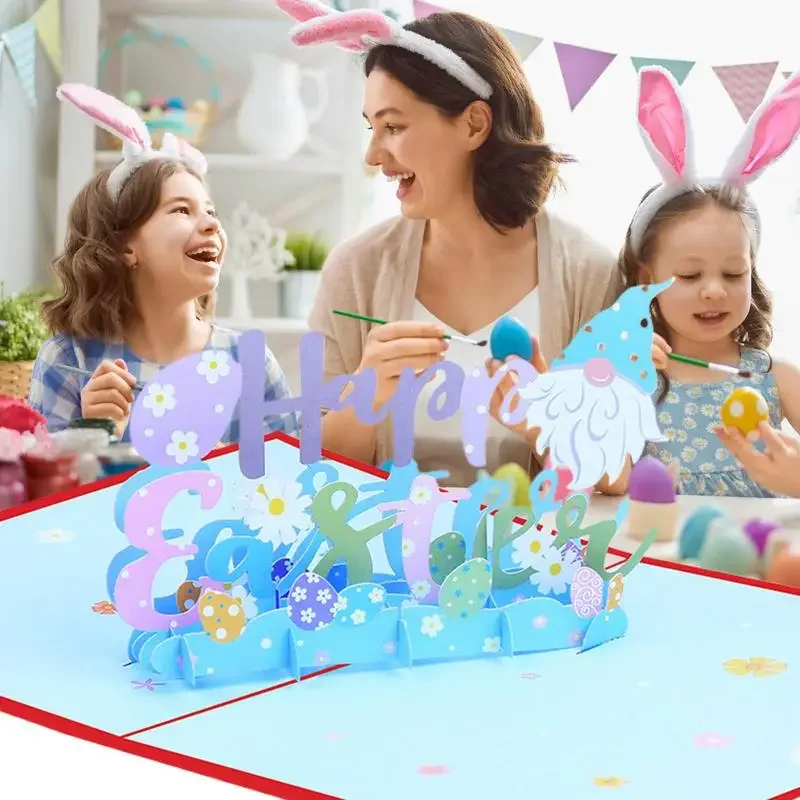 3D Pop Up Happy Easter Greeting Card Bunny Easter Cards Color-Printed Holiday Cards Happy Note Decorations