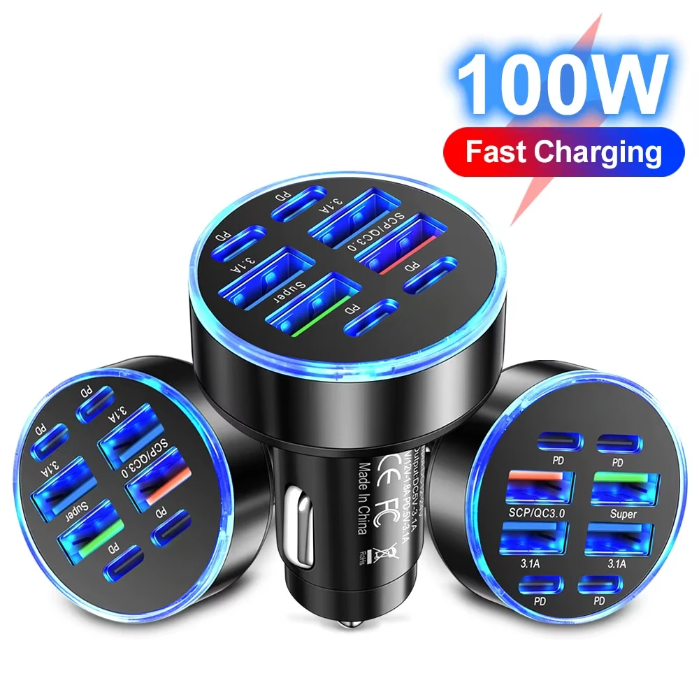 Car Charger 8 Ports Total 100W Fast Charging PD QC3.0 USB C for iPhone 16 Samsung Huawei Xiaomi
