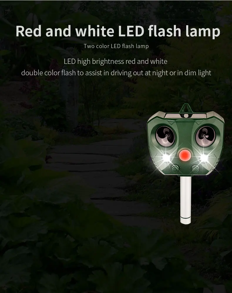 Outdoor-Wellenabwehrgerät mit variabler Frequenz, LED-Blitzlicht, Mäuseabwehr, solarbetrieben und USB-aufladbar, geeignet für Bauernhof, Garten, Terrasse. – Detail 6