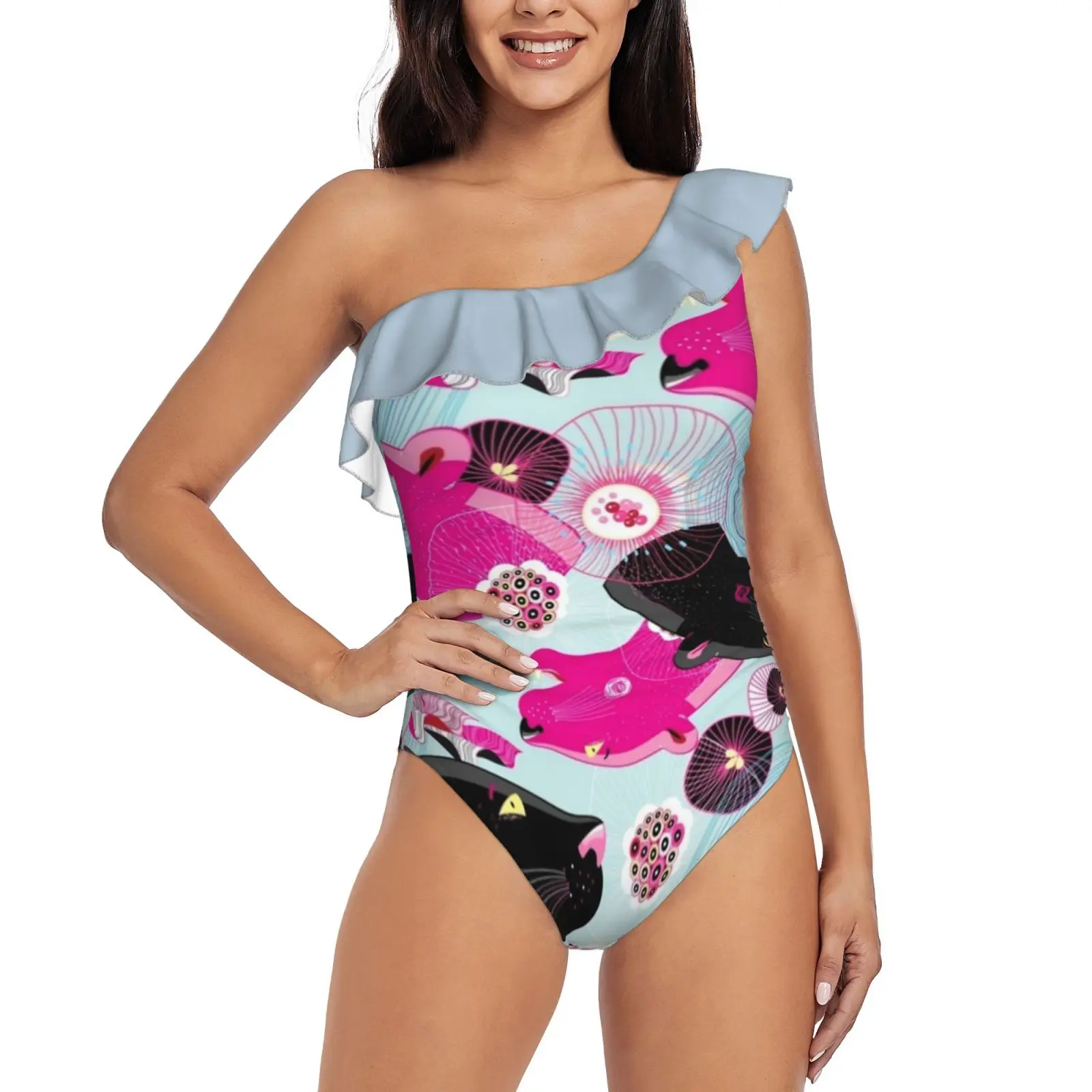 

Fashionable Pattern With Panther Heads One Shoulder Ruffle Swimsuits Bodysuit One Piece Swimwear Women New Female Beach