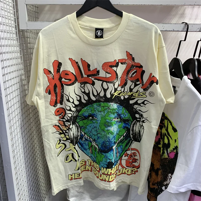 

Футболка Hellstar в стиле хип-хоп для мужчин и женщин, ретро взрывные наушники, оверсайз, с коротким рукавом Hellstar, топы с бирками