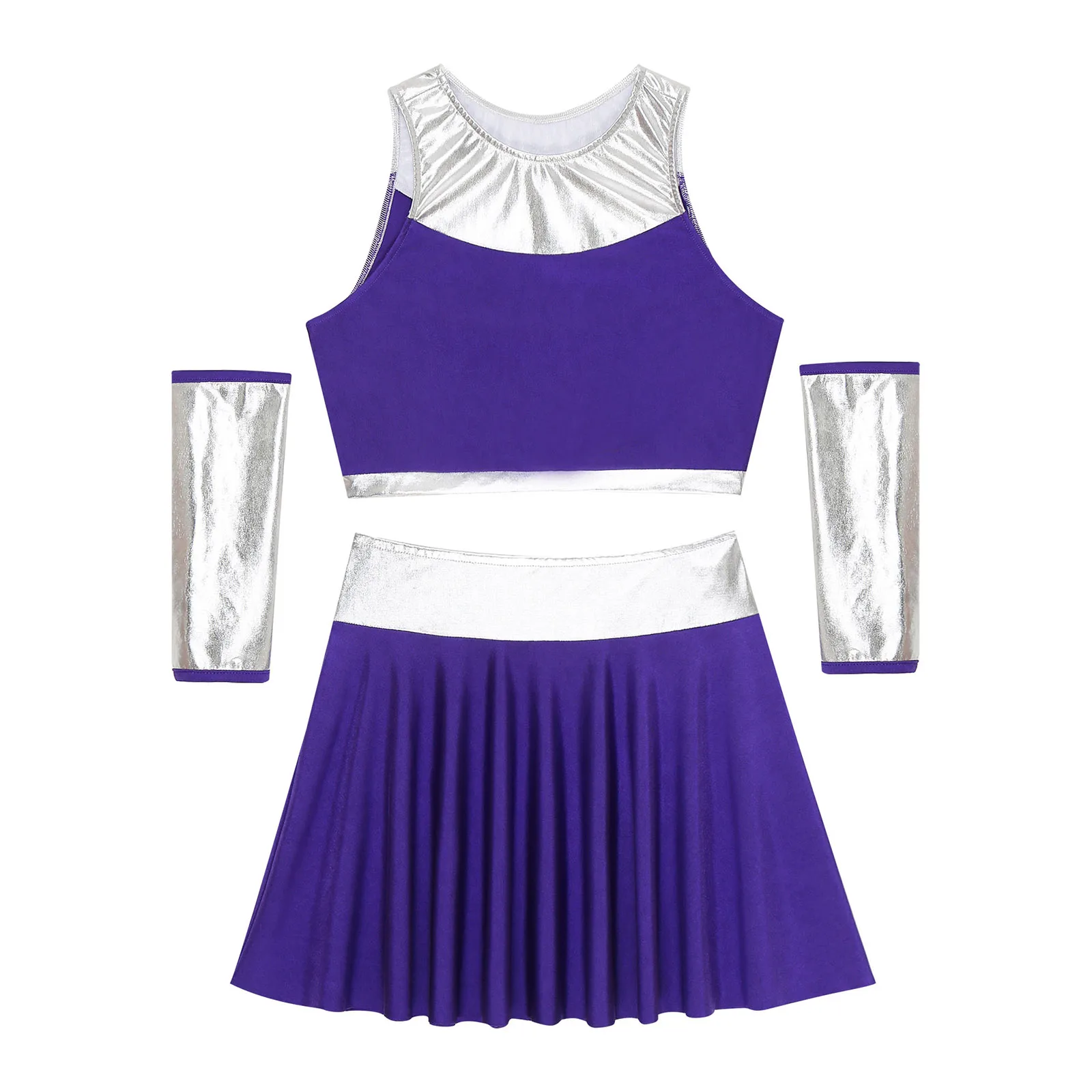 Women Cheerleading Costume Womens Halloween Metallic Patchwork Suit Cheerleading Outfits Sleeveless Crop Top Gloves And Mini Swing Skirt Cosplay Costumes