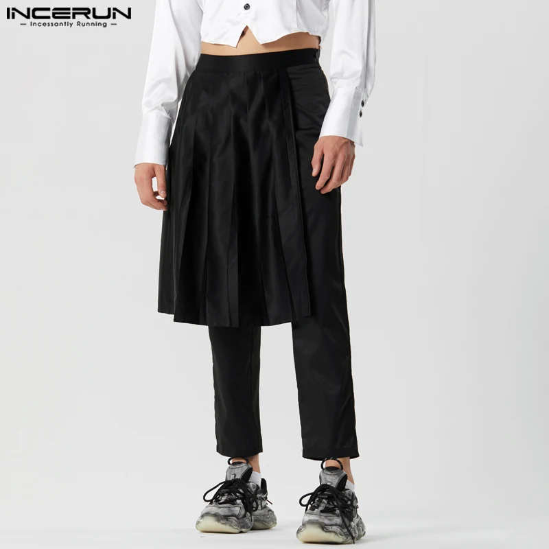 

INCERUN 2023 American Style Fashion Men's Trousers Fake Two-piece Pleated Pants Casual Hot Sale Solid Patchwork Pantalons S-5XL